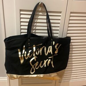Victoria Secret Shopper tote in black with gold script and bottom